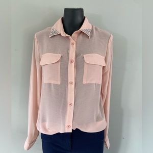 NWOT Sans Souci Small Sheer Button up Shirt w/ Blings Color Dusty Pink